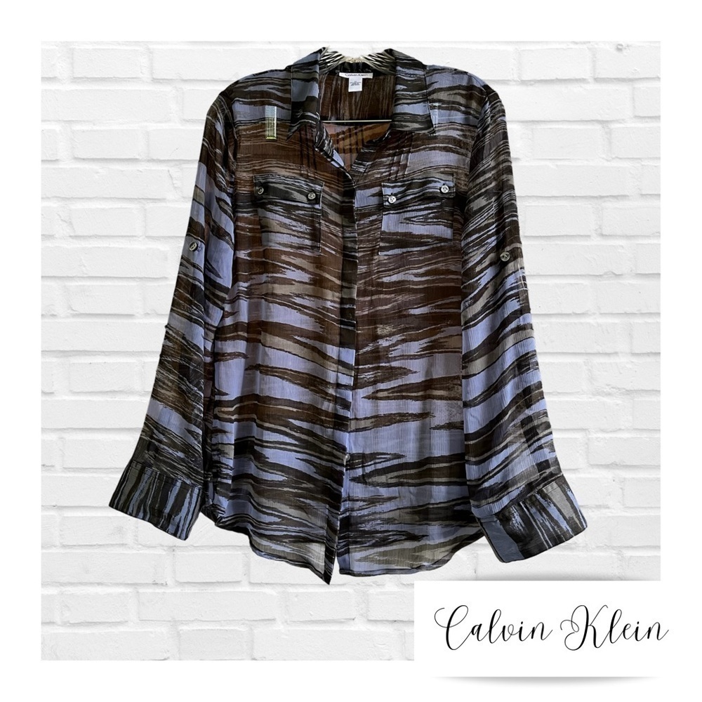 Calvin Klein M Sheer Animal Print Blouse Black Blue Modern Career Beach Coverup
